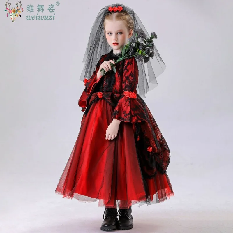

Halloween Carnival Children Girls Vampire Princess Gothic Devil Witch Clothing Performance Dress Tulle Lace Black Fancy Clothes