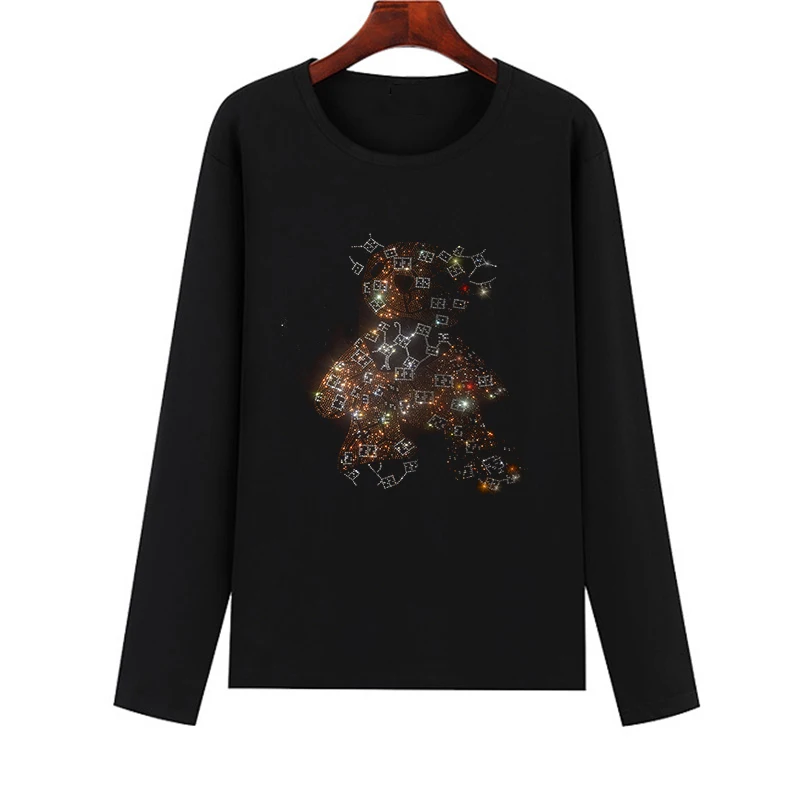 Shiny rhinestone creative bear autumn long-sleeved T-shirt casual fashion loose cotton T-shirt