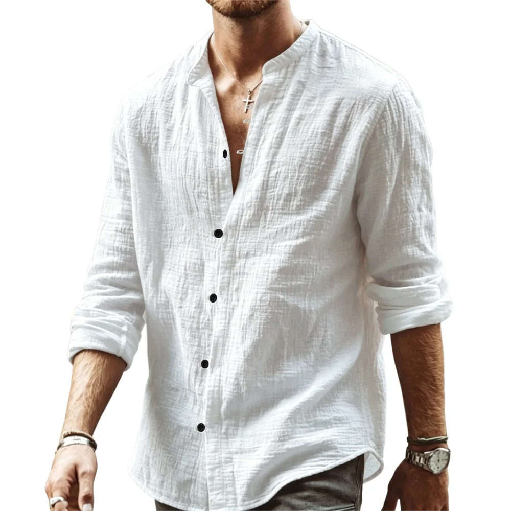Men's Casual Shirt Cotton Solid Color V-neck Fashion Loose Fit Single Breasted Tops Breathable Lightweight Long SLeeve Shirts