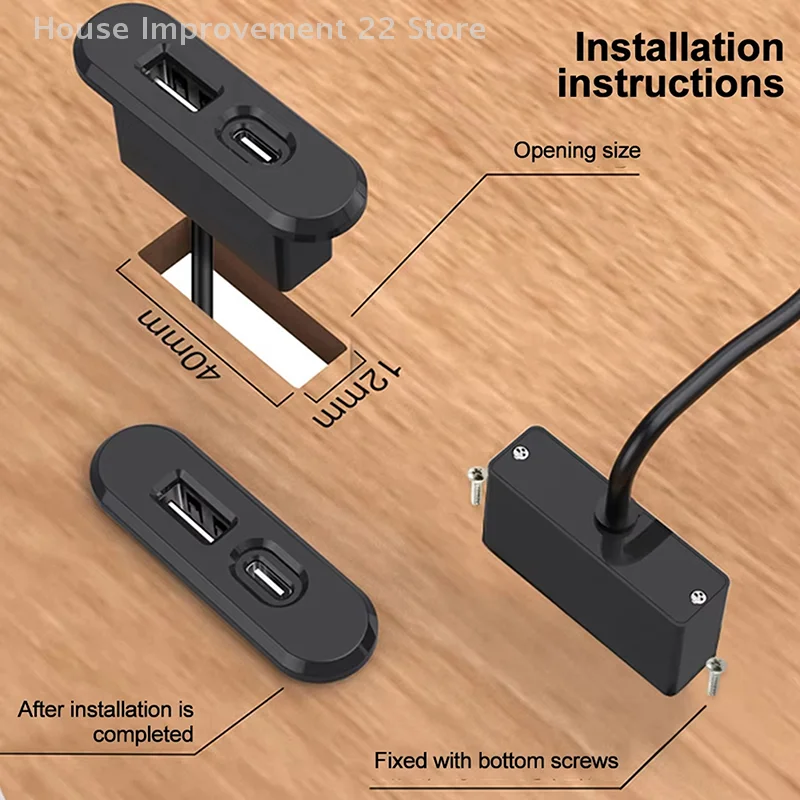 لطاولة غرفة النوم المكتبية مآخذ راحة 1 USB-A و1 Type-C مدمجة في مخرج طاقة مخفي لسطح المكتب مع سلك تمديد 1.2 متر