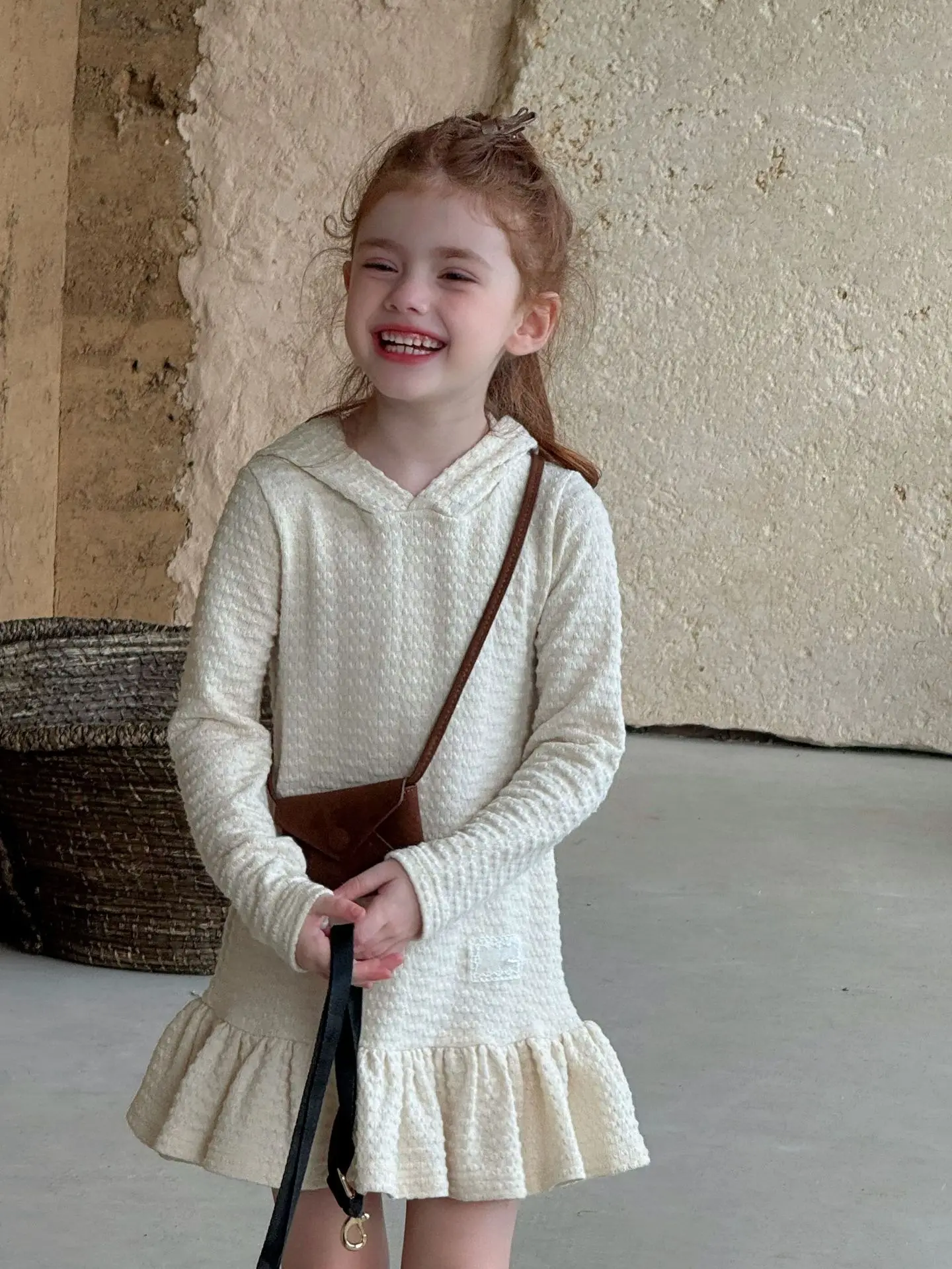 

2025 Autumn New Children's Hooded Knitted Dress Kids Girls Knitted Lace Ruffles Dress