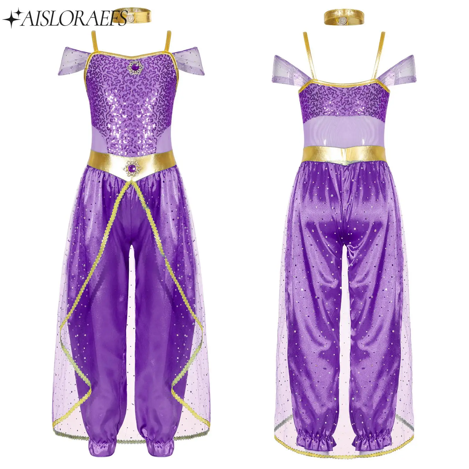

Girls Arabian Style Princess Costumes Princess Theme Party Costumes Sequins Gem Jumpsuit+Choker for Halloween Cosplay Party