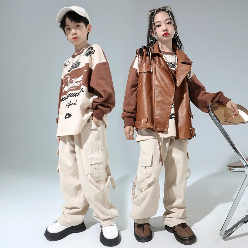 Street Dance Clothes For Kids Hip Hop Brown Leather Vest Long Sleeves Sweater Apricot Cargo Pants Boys Girls Show Wear BL12185