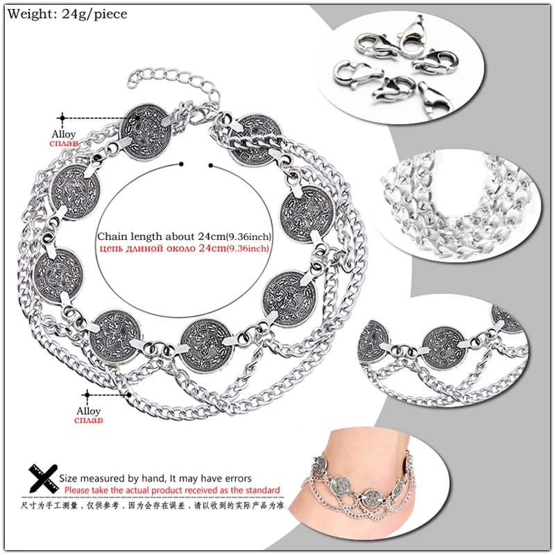 Vintage Silver color Anklets for Women Accessories Coin Charm Tassel Toe Ankle Bracelet Beach Chaine Cheville Femme Foot Jewelry