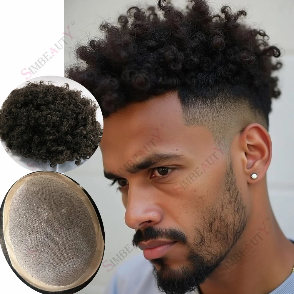 الأوروبي براون شقراء أسود 8 مللي متر/12 مللي متر الأفرو مجعد الذكور 100% خصلات الشعر المستعار الإنسان دائم أصلع نسج الشعر المستعار غرامة أحادية NPU الدانتيل الاصطناعية