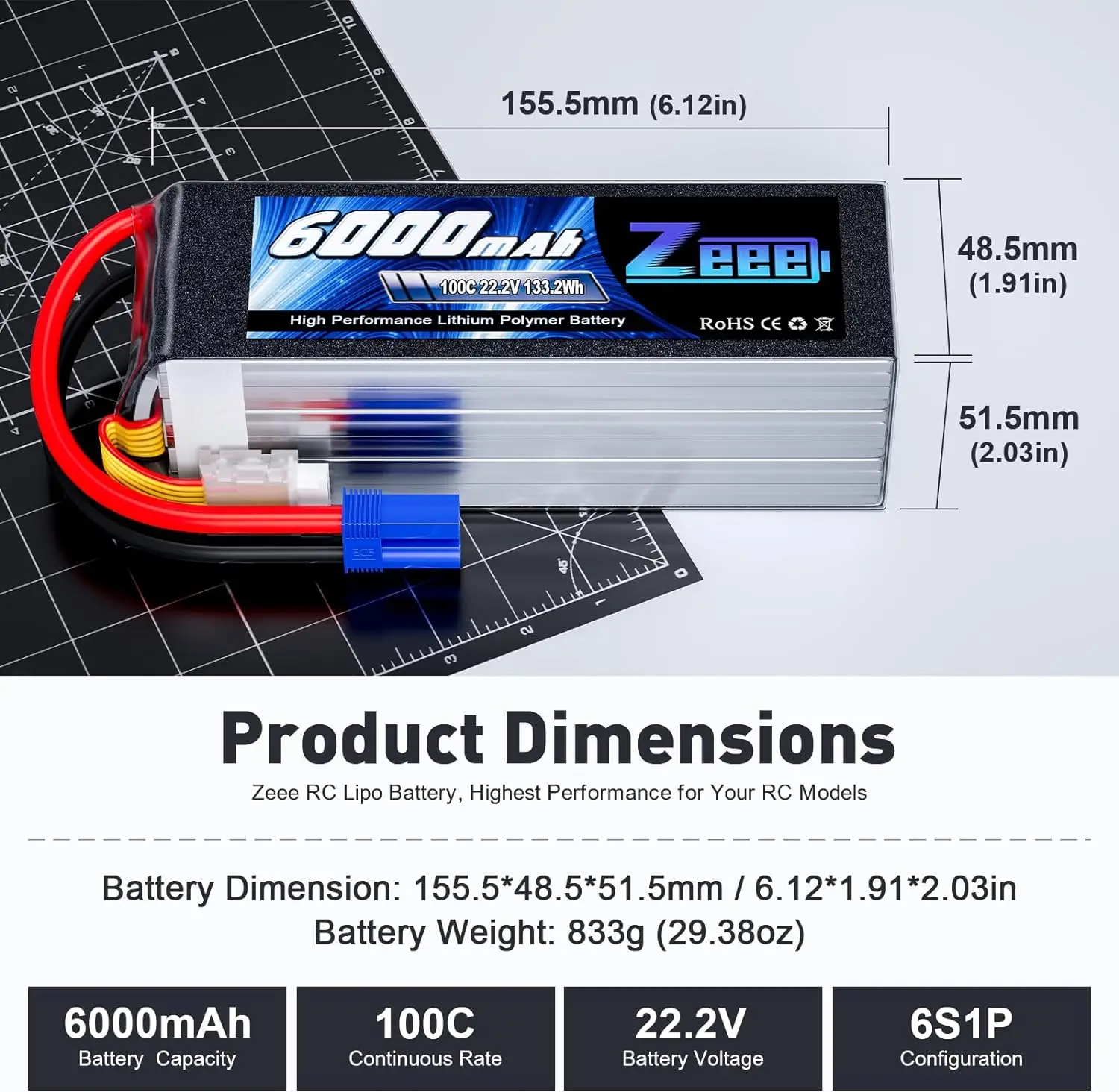 1/2pcs Zeee 6S 6000mAh FPV Drone Battery 22.2V 100C Lipo Battery with EC5 Plug for RC Car Buggy Helicopter Robots RC Model Parts