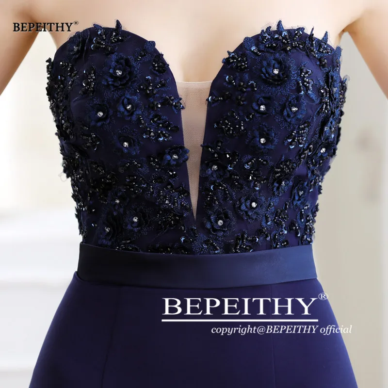 BEPEITHY Customized Strapless Sweetheart Mermaid Vestidos De Fiesta Sweep Train Lace Bodice Evening Dress Elegant Robe De Soiree