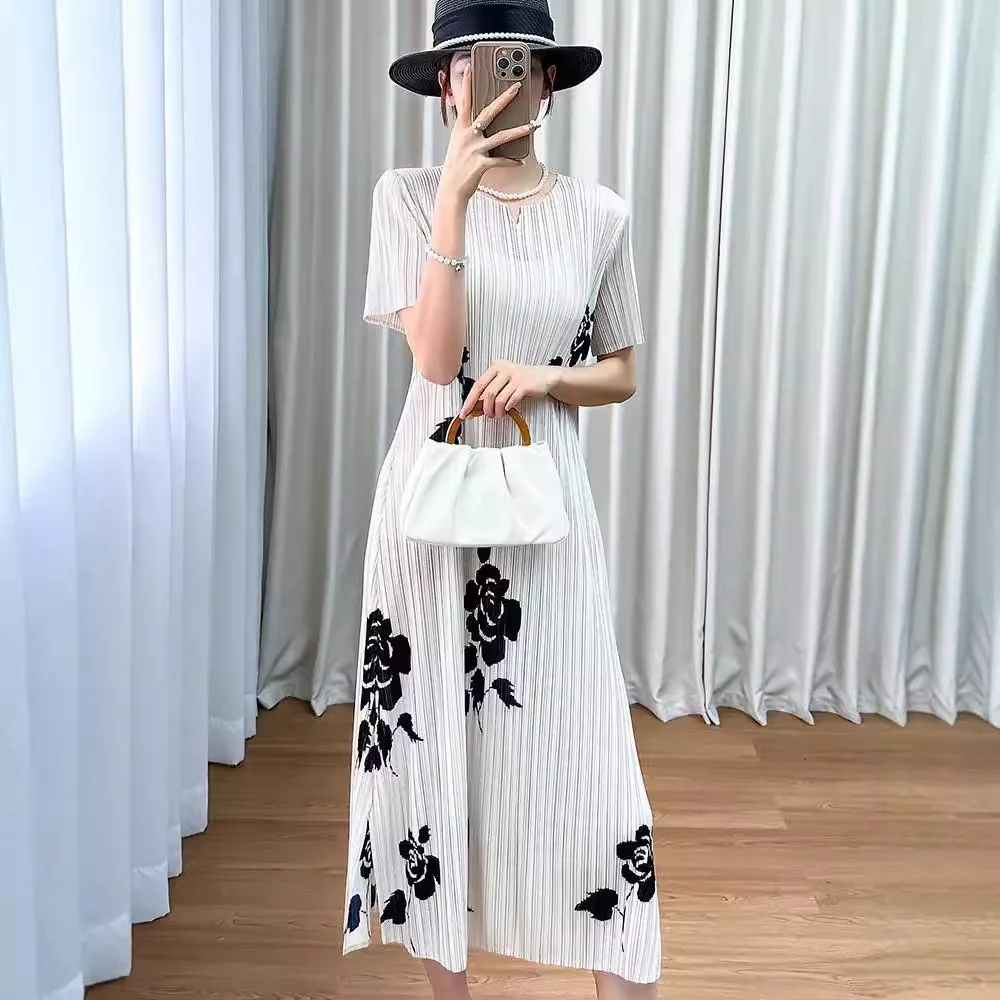 202 vestido de verão feminino estampado gola redonda manga curta redução de idade saia plissada suleste asiático vietnã pele de camarão