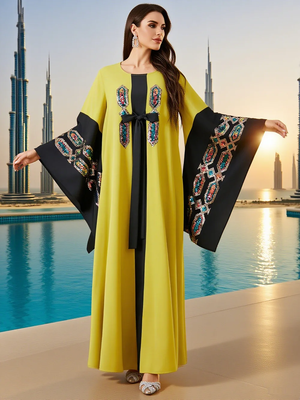 

Eid Mubarak Muslim Women Embroidery Sequins Maxi Dress Abayas Dubai Turkey Kaftan Jalabiya Party Dresses Musulmane Femme Vestido