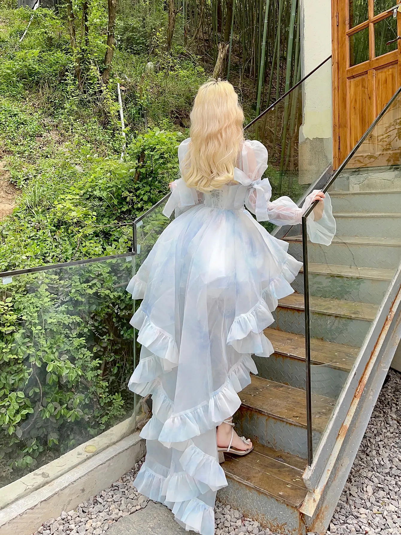 ReddaChic High Low Tulle Runway Dress with Trail Puff Sleeves Ruffles Ball Gown Blue Tie Dye Birthday Party Evening Mini Dress