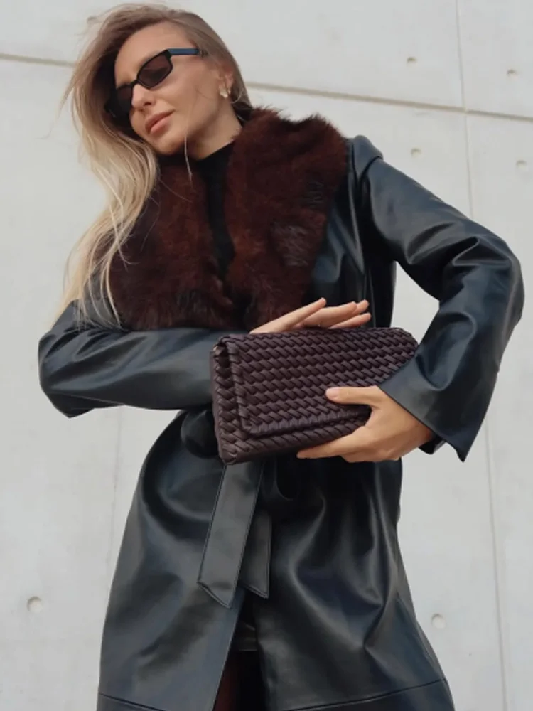 HH Women's Coats Black Fur Turn-Down Collar Long Sleeves Lace-Up Decoration Single Breasted Female Fashion Warm Winter Jackets