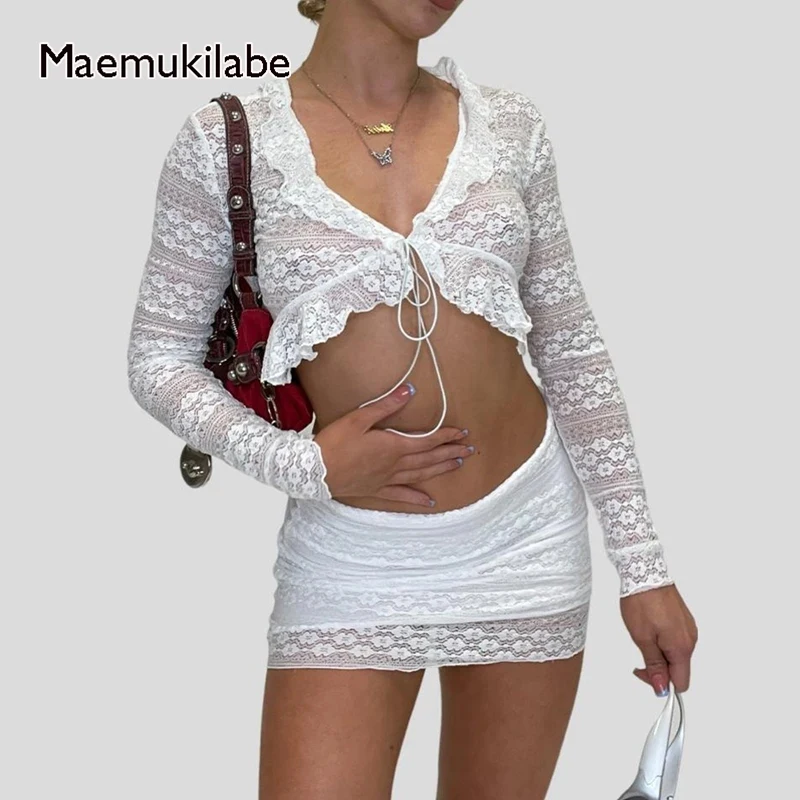 

Maemukilabe Vintage Floral Lace Sheer Tie Up T-shirt Crop Top + Mini Skirt Fairy Coquette Y2K Retro 2 Piece Set Outfits Women