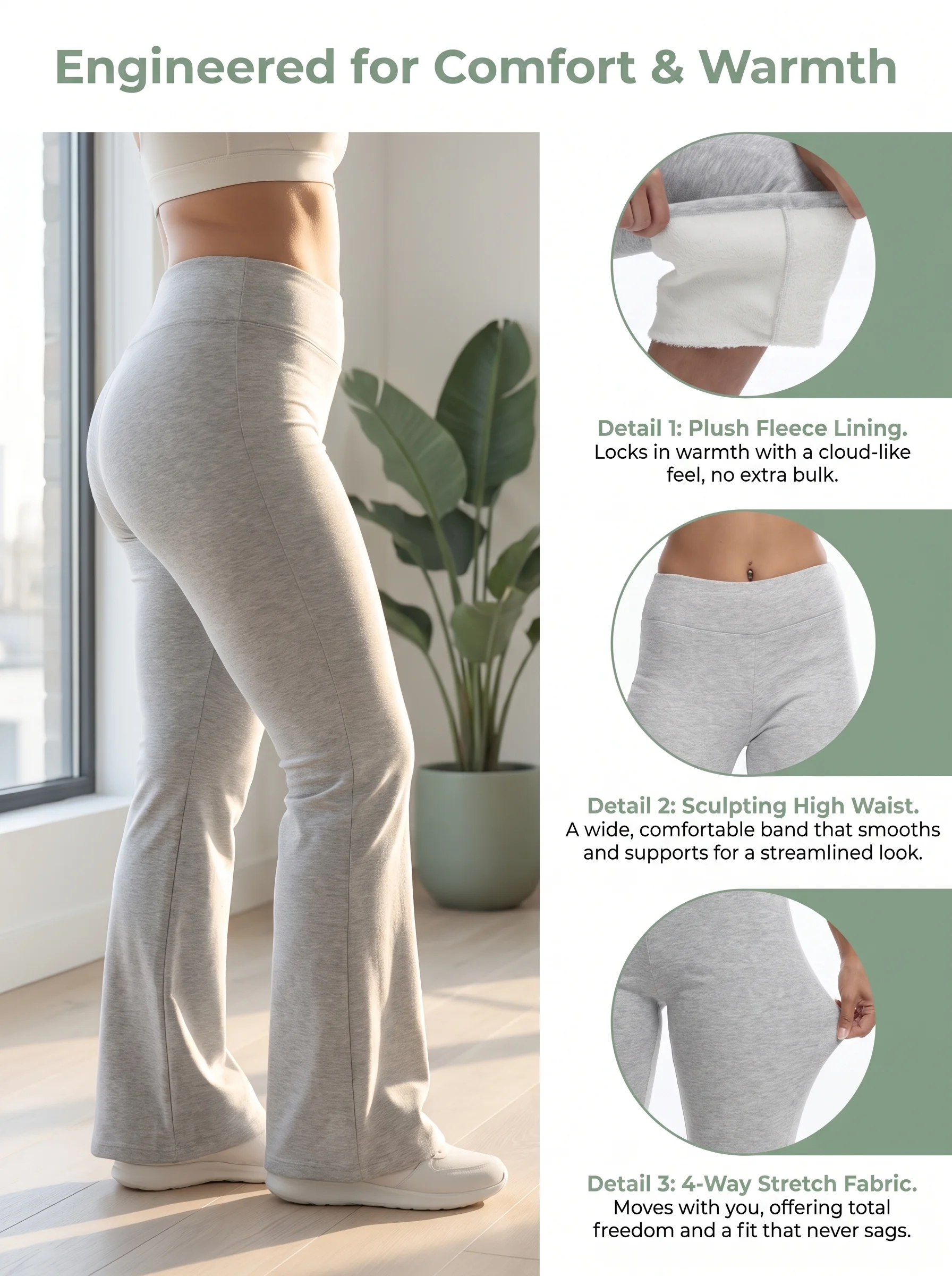 Plus-Size Damen Sherpa Flare Fleece-gefütterte High-Waist Leggings, Winterwarme 4-Wege-Stretch Thermo-Yogahose – Detail 4