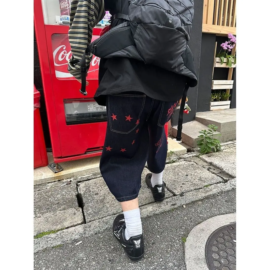 Men's Cartoon Printed Wide Leg Denim Cropped Pants Summer Cool Boys Shorts Casual Bottom Male High Waist Calf-length Trousers