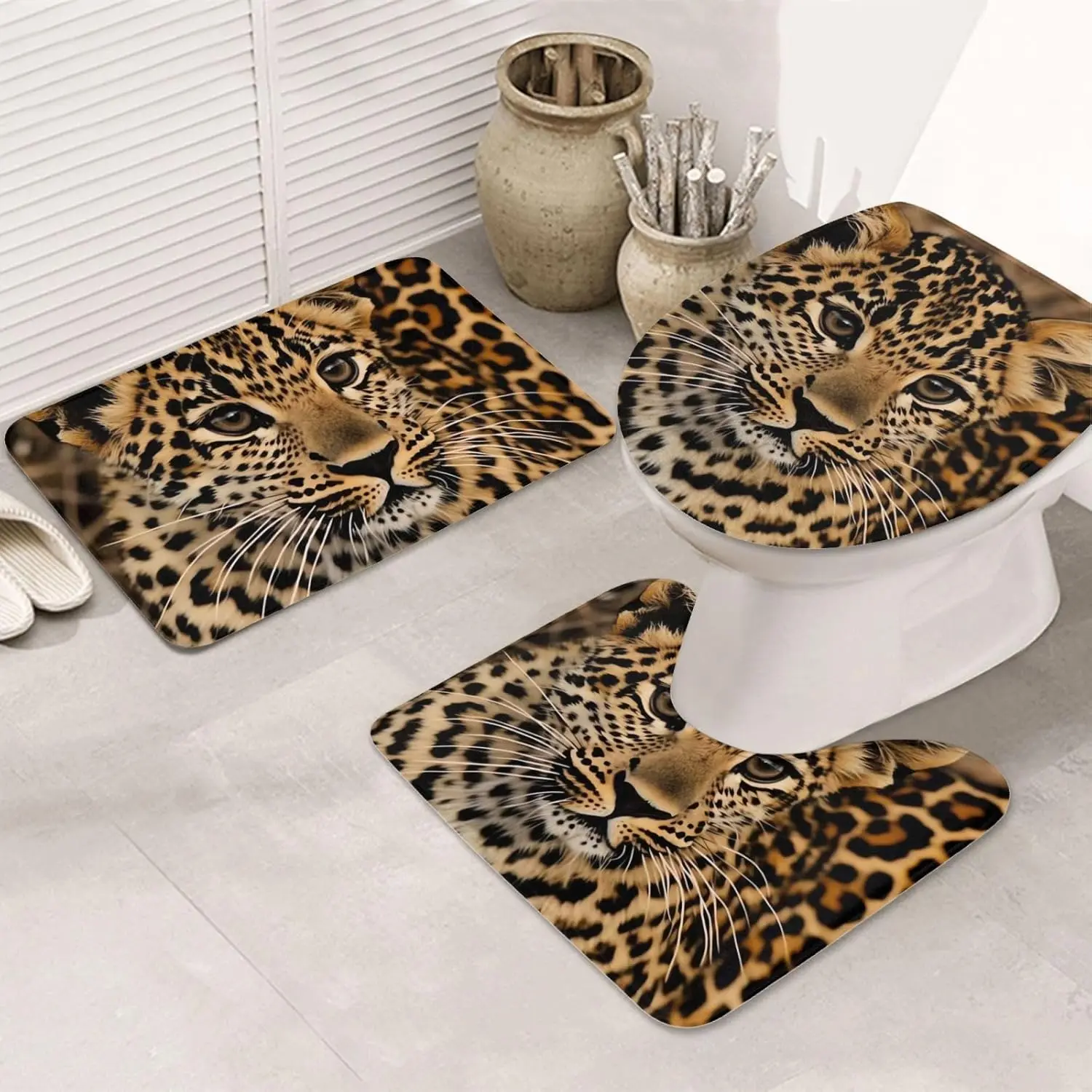 Cute Leopard Bathroom Rugs Sets 3 Piece, Soft Absorbent Microfiber Bath Mats U-Shaped Contour Toilet Rug Toilet Lid Cover Set