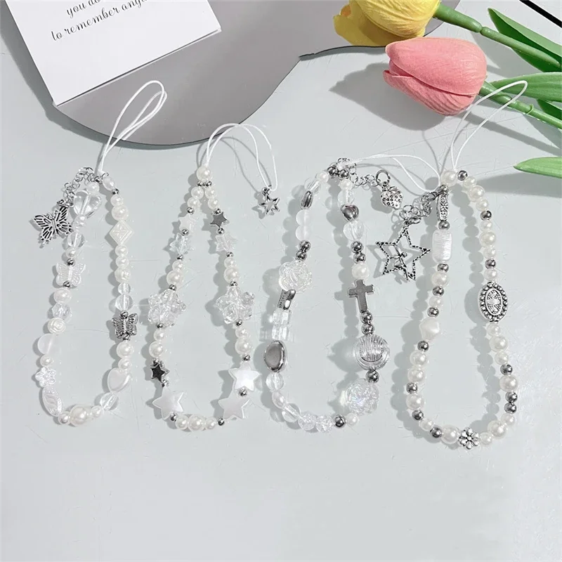Korean Cute White Flower Star Butterfly Beaded Pendant Phone Strap Charm For iPhone Samsung Universal Accessories Chain Lanyard