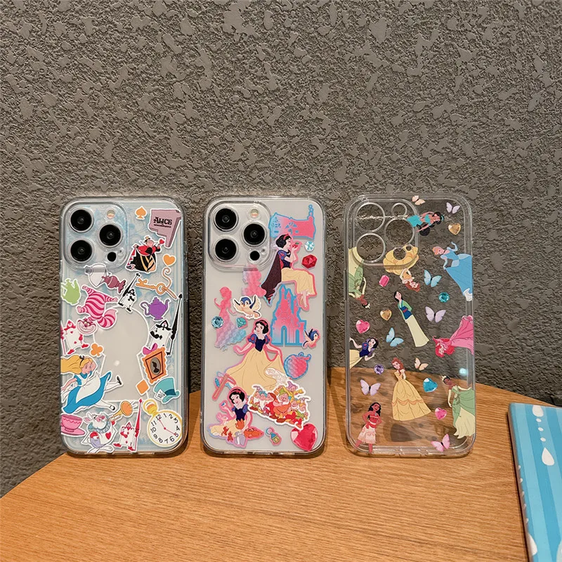 Cute Cartoon Alice Snow White Cinderella Disney Phone Case for iPhone 13 14 15Pro Max 12 11 Shockproof Clear Soft TPU Back Cover