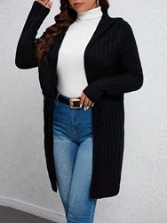 Plus Size Women Solid Color Drawstring Knit Hooded Cardigan