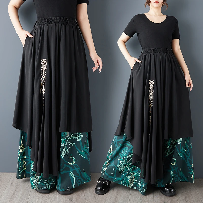 SuperAen 2026 Summer New Chinese-style Chiffon Printed Embroidered Wide-leg Pants Fashion High Waist Loose Skirt Pants