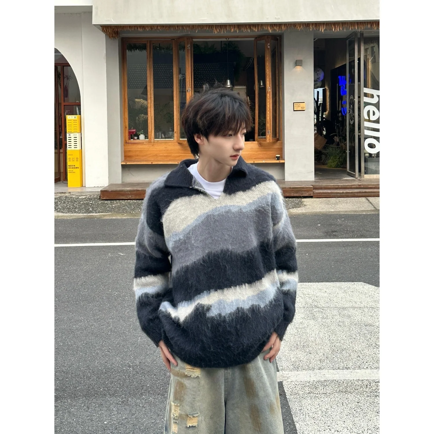 

Мужской свитер в американском стиле оверсайз с V-образным вырезом, в полоску, повседневный, вязаный, с капюшоном, зимний, из полиэстера, с длинным рукавом