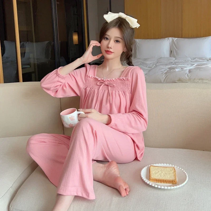 

2026 Spring Long Sleeve Cotton Pajama Sets for Women Korean Cute Sleepwear Suit Pyjama Pijama Mujer Homewear Ladies Home Clothes