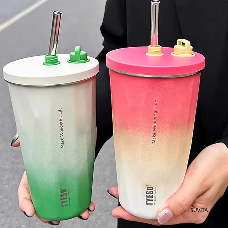 Tyeso 600ml Thermos Water Bottle Stainless Steel Coffee Cup With Straw Gradient Keeps Cold and Heat Insulated Car Thermos Mug