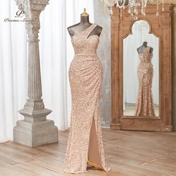 Stunning One-Shoulder Sequin Dress, Elegant Rose Gold, High Slit Design, Glamorous Evening Events, Perfect for Parties