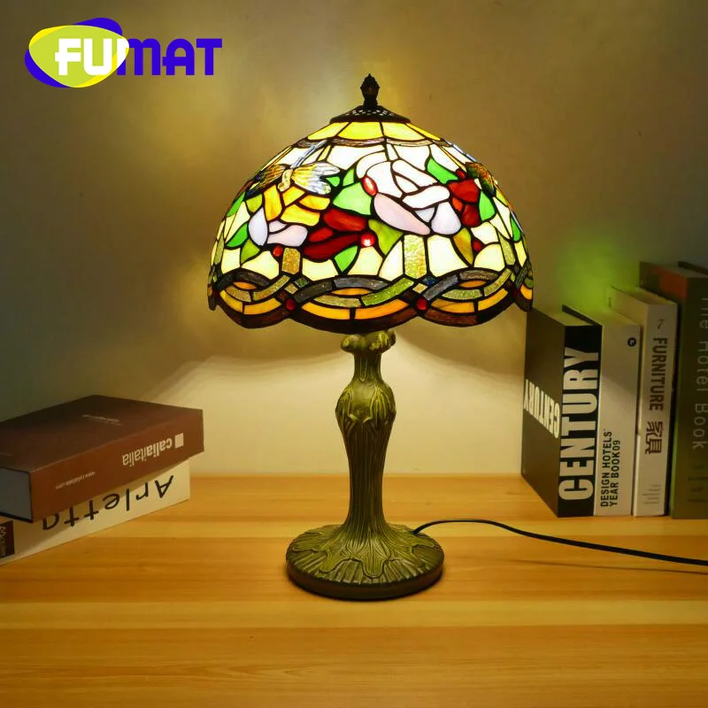 FUMAT Tiffany table lamp colored glass European retro table lamp for study bedroom bedside desk lamp coffee bar LED decor lamp