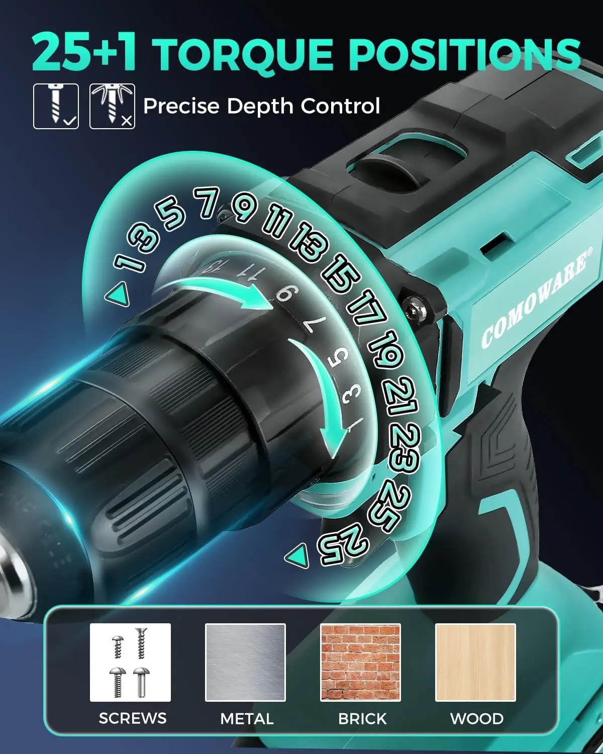 مجموعة مثقاب لاسلكي 20 فولت مع بطارية، شاحن، 34 قطعة، ظرف بدون مفتاح، سرعة متغيرة وعزم دوران عالي