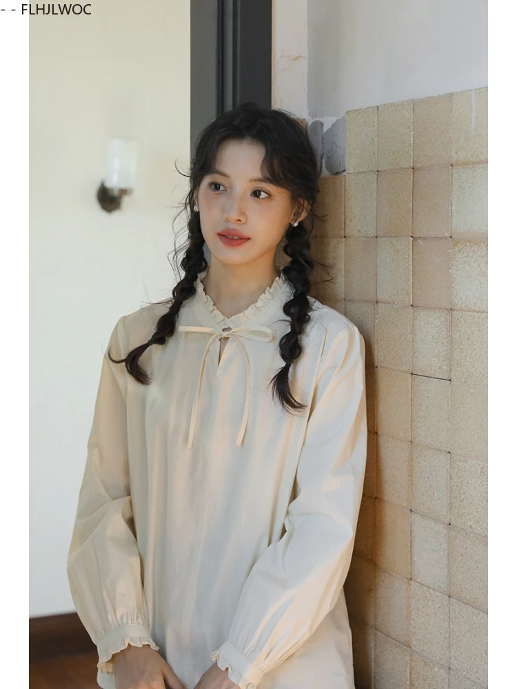 Misturas de algodão bonito babados gola laço topos blusas 2025 outono feminino chique coreia japão meninas estilo preppy camisas básicas