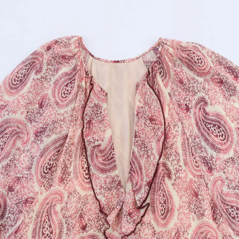 E em camadas decoração imprão vestido de manga longa nova coleção verão moda fena estilo viagem com decote em v...