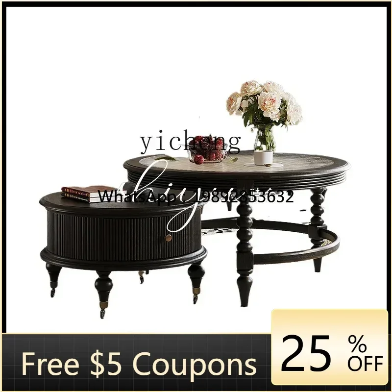 

ACC coffee table French retro solid wood round tea table small apartment low table living room ancient style