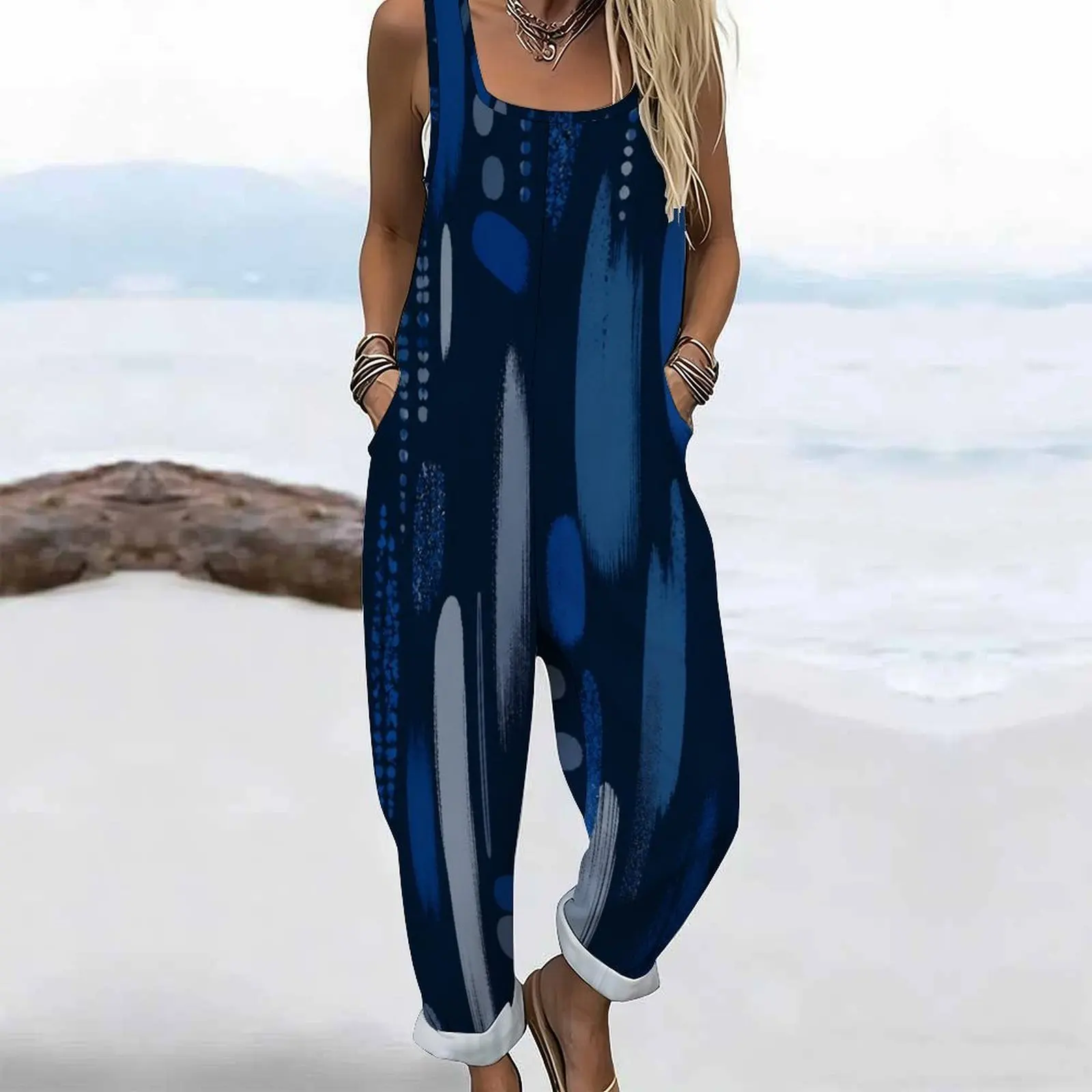 Women Printed Jumpsuit Square Neck Sleeveless Wide Straps Loose Fit Pockets Cuffed Ankle view 5