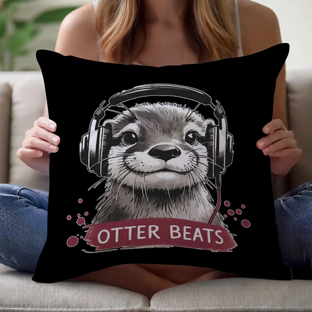 Funny Otter Beats Pillow Case, Cute Animal Headphones Cushion Cover, Music Lover Gift Home Decor Throw Pillow Slipcover for Sofa