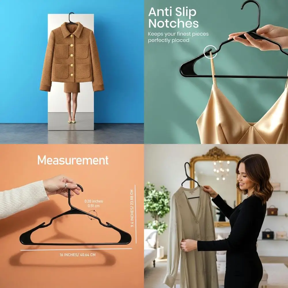 

Набор из 200 прочных пластиковых вешалок для экономии места – надежные органайзеры с выемками для плеч для гардеробных (черные)