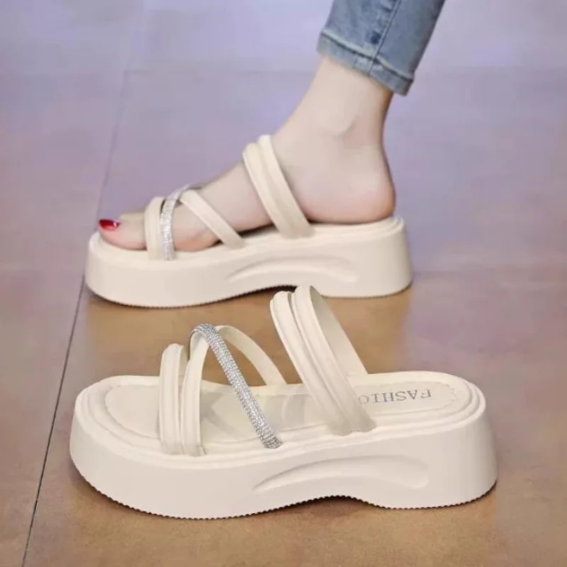5.5cm Women's Wedge Rhinestone Sandals Platform Slip On Slide Open Toe Mules Summer Ladies Beach Casual Heels Slippers 34-40