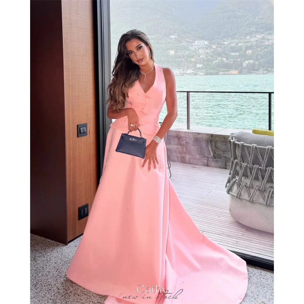 

Cathy Индивидуальные розовые платья для выпускного вечера с бретелькой на бретельках и бантом, комплект из двух предметов трапециевидной формы, Vestidos De Noche, великолепный скользящий шлейф, торжественный вечер
