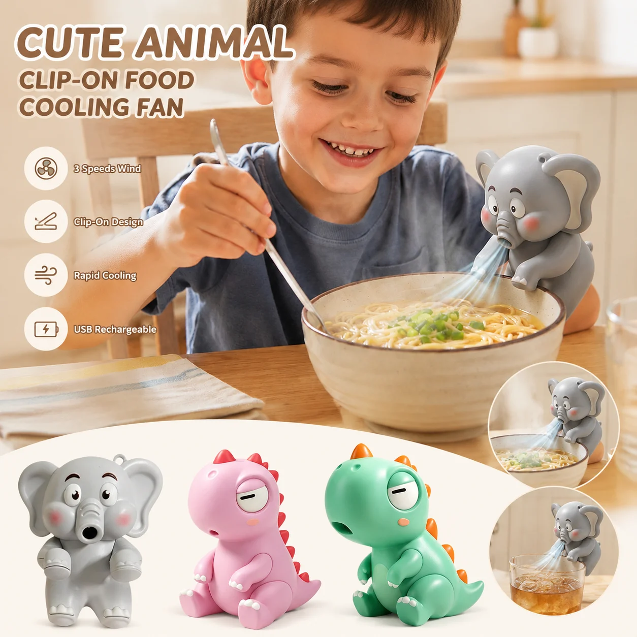 Mini Elephant Beverage Cooling Fan for Cup & Bowl Clip-on Design USB Rechargeable 3 Speeds Adjustable Food Soup Cooling Fan