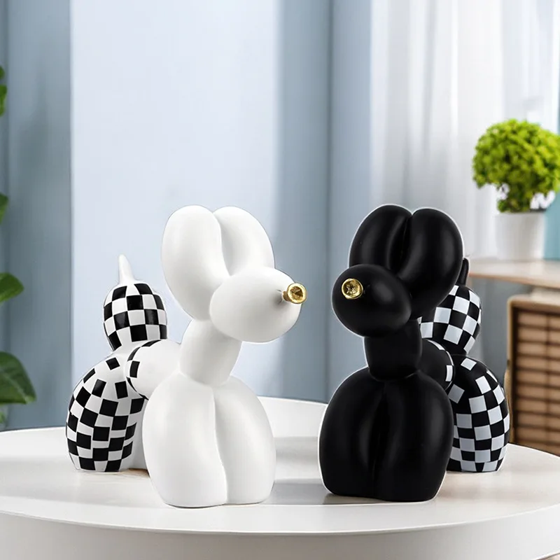 

Creative Black and White Checkerboard Balloon Dog Figurine with Gold Mouth Home Decor for Living Room and TV Cabinet