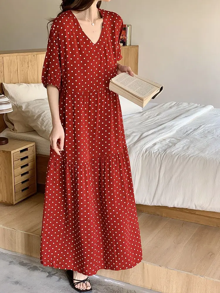 Sukienka damska na lato 2025, europejski styl, luźna, do pracy, z nadrukiem, dekolt w serek, oversize, sukienka do spania.