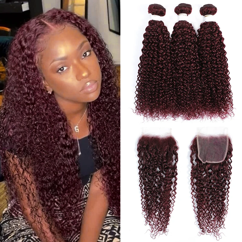 Fasci di capelli umani ricci crespi con chiusura 99J/fasci di tessuto di capelli Remy brasiliani colorati bordeaux con chiusura 100% capelli umani