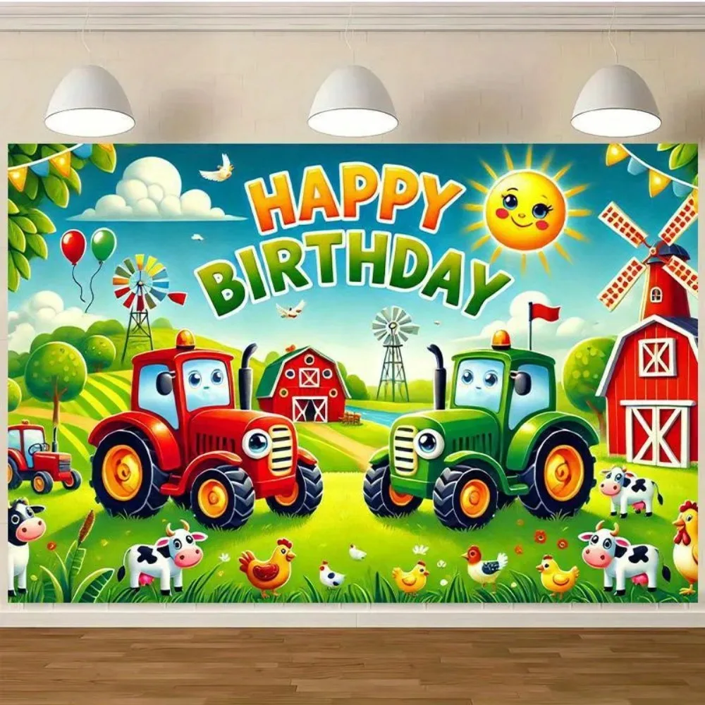 Vibrant Farm Tractor and Barn Scene Themed Banner Background, Children's Birthday Party, Home Decoration Photography Background