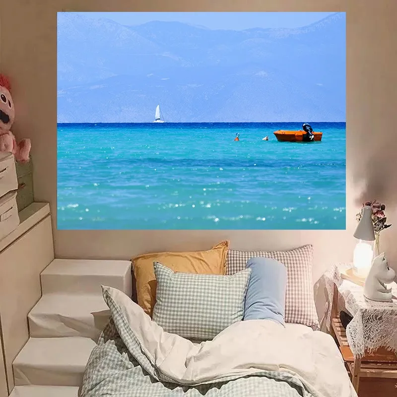 

Blue Ocean Sea Tapestry Polyester Sailboat Landscape Wall Hanging Nature Scenery Home Decor for Bedroom Living Room Background