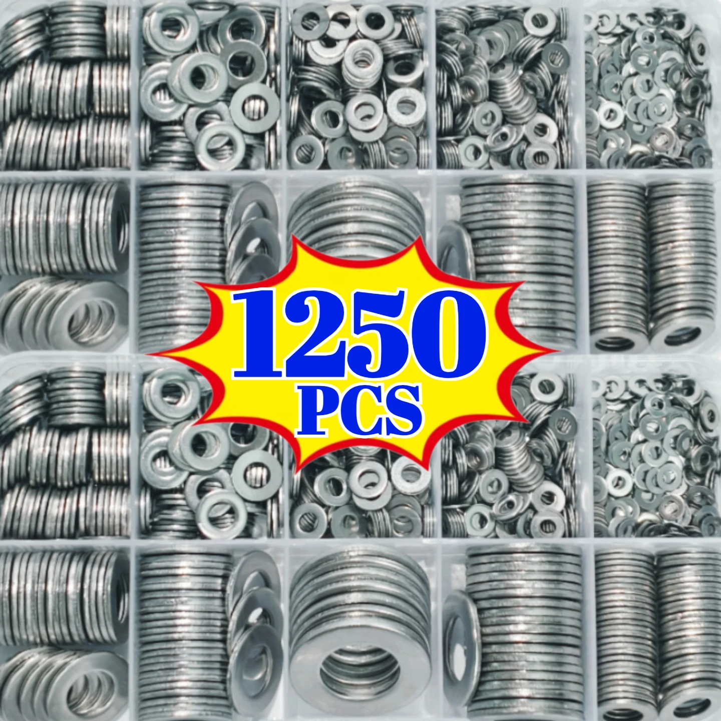 1250pcs Flat Washer Assortment Kit - M2 to M12 Sizes, Suitable for Home Decoration, Factory Repair, Kitchen and Outdoor