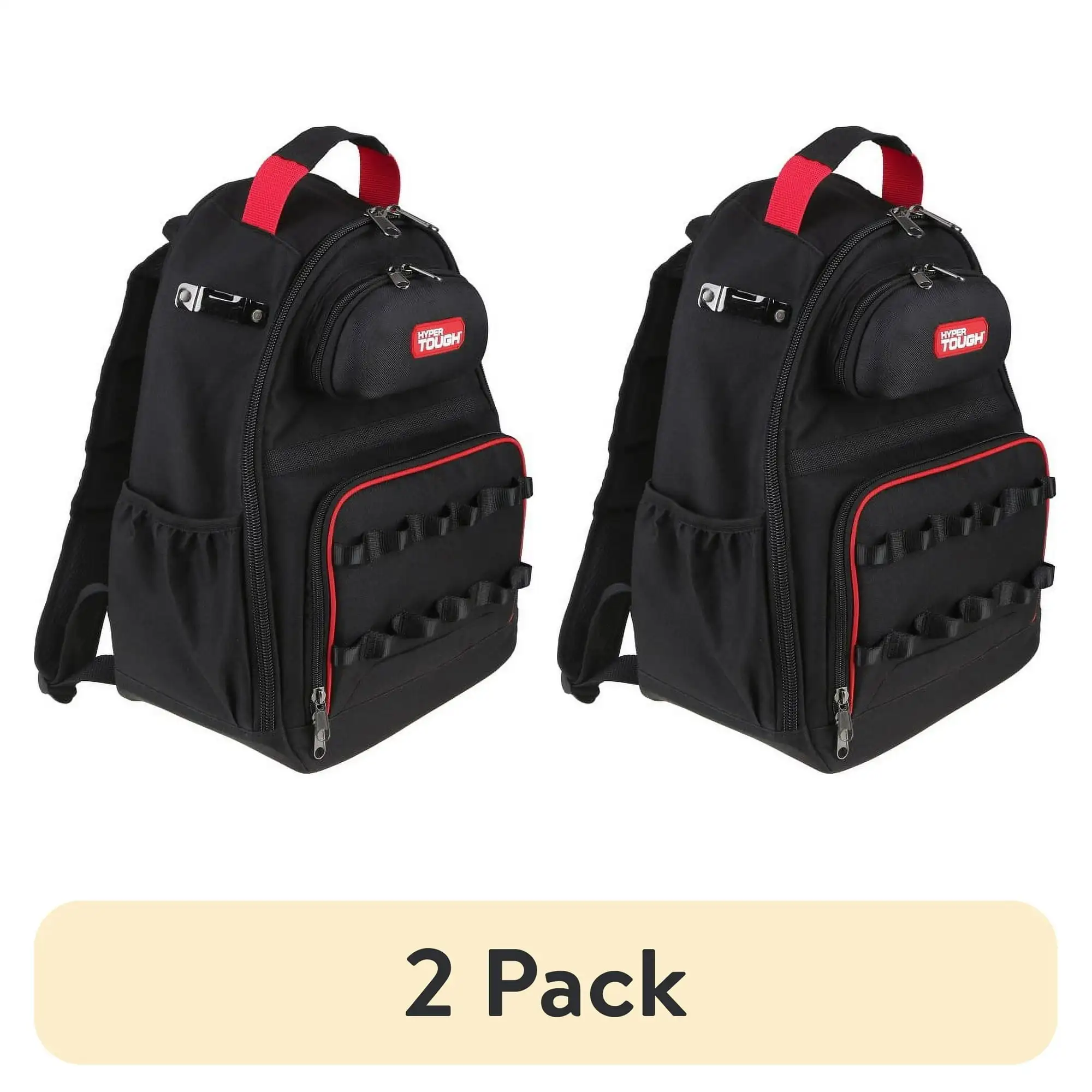 

2 Pack Portable Tool Backpack with 20 Pockets 20 Loops Zippered Glasses Case External Tape Measurer Clip Padded Straps Hard Feet