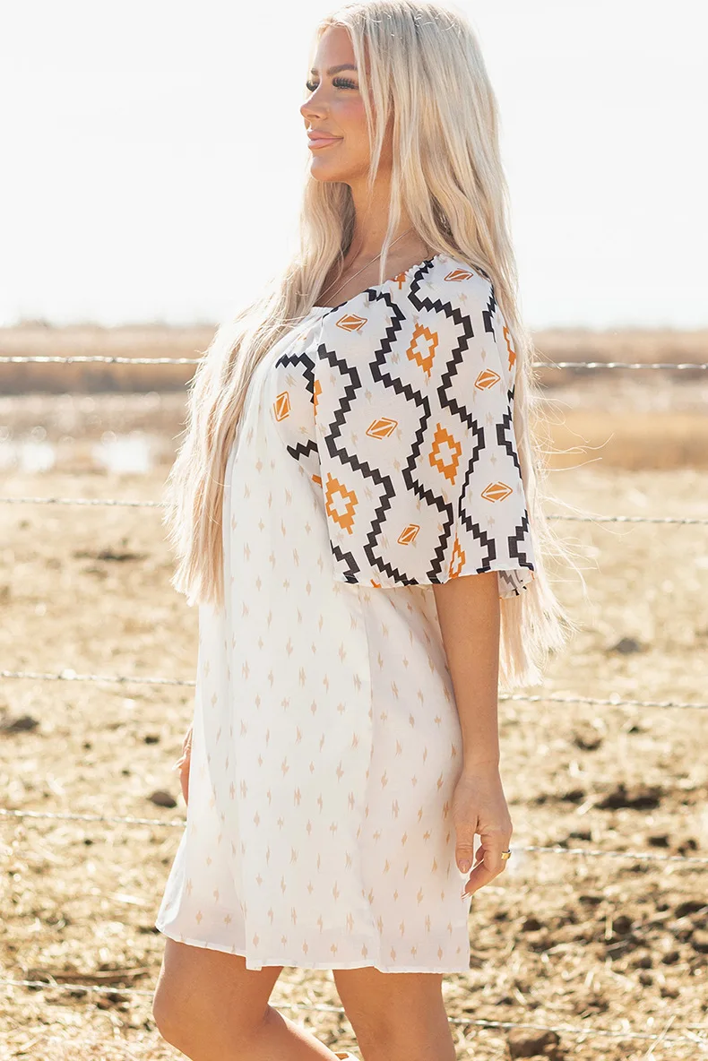 Summer Style Pullover Square Neck Loose Dress For Women Personality Printed Pleated Short Dress Vacation Beach Boho Dress 2025