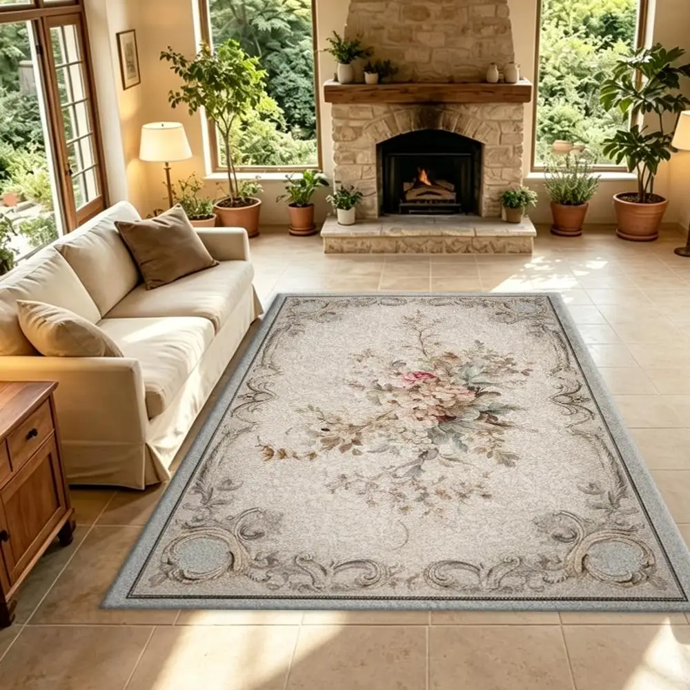 French Vintage Floral Carpet Flooring, Antique Rose Bouquet Ornate Border Area Rug