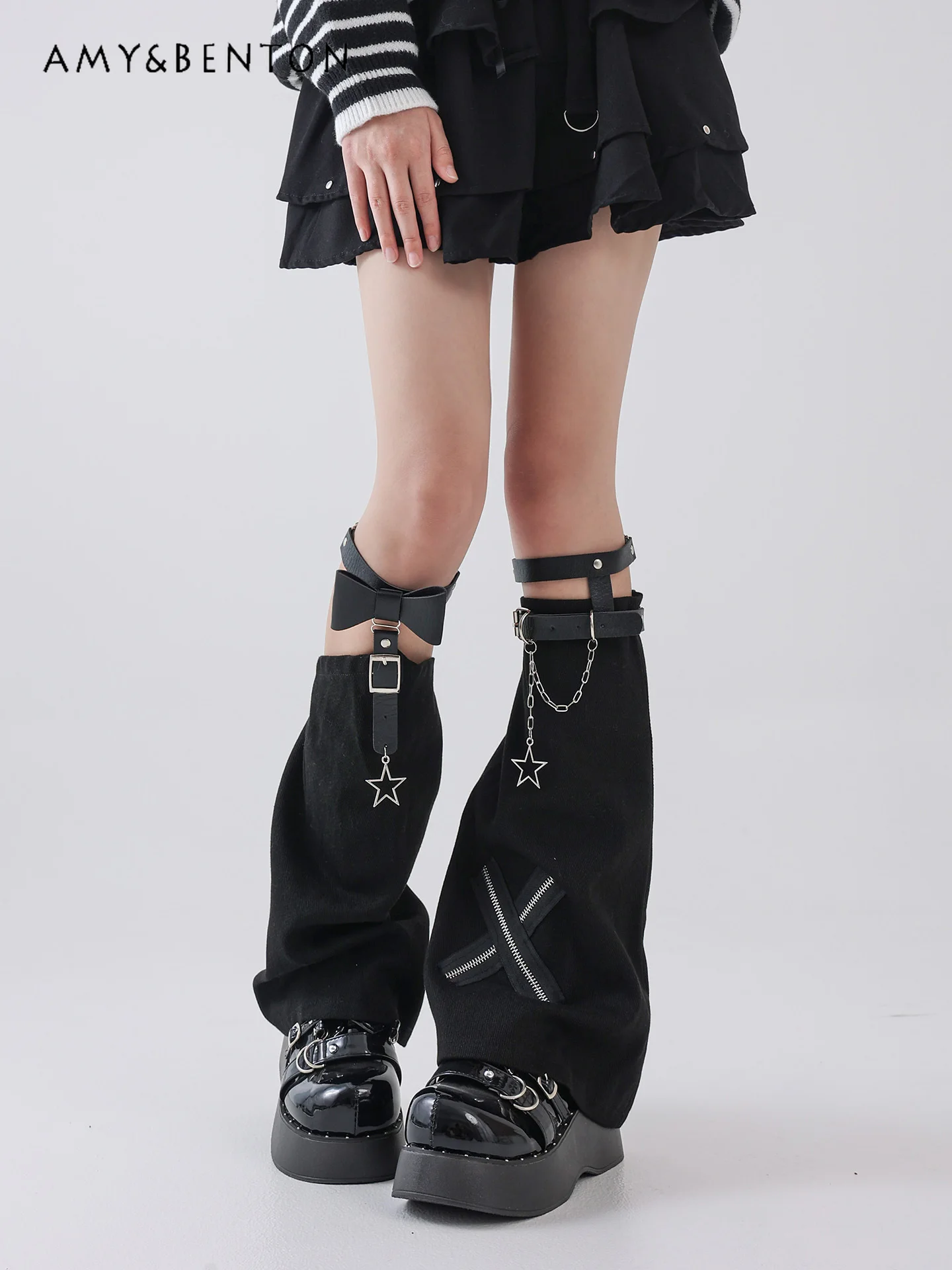 Subculture Black Denim  Thigh High Stockings Harajuku Style Dark Girl Bow Leather Button Spice Girl Trumpet Legwarmers Women