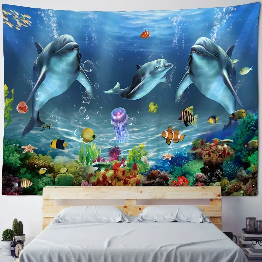 Underwater World tapestry wall hanging dolphin shark seaweed art print tapestry cartoon home sheets bedroom wall decoration
