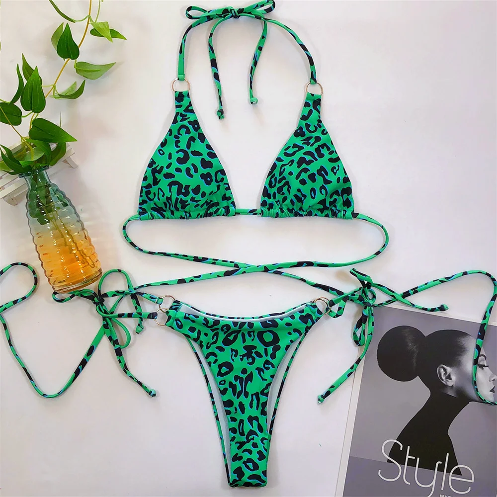 

Green Leopard Bikini Cross Bandage Backless Extreme String Swimsuit Push Up Halter Swimwear Women Sexy Beach Outfit Bathing Suit